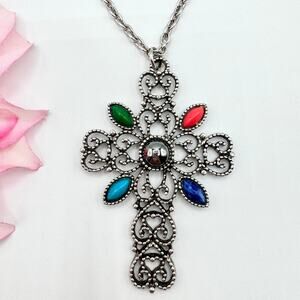 Vintage 1972 Avon Romanesque Ornate Cross Pendant Necklace Faux Gems Filigree